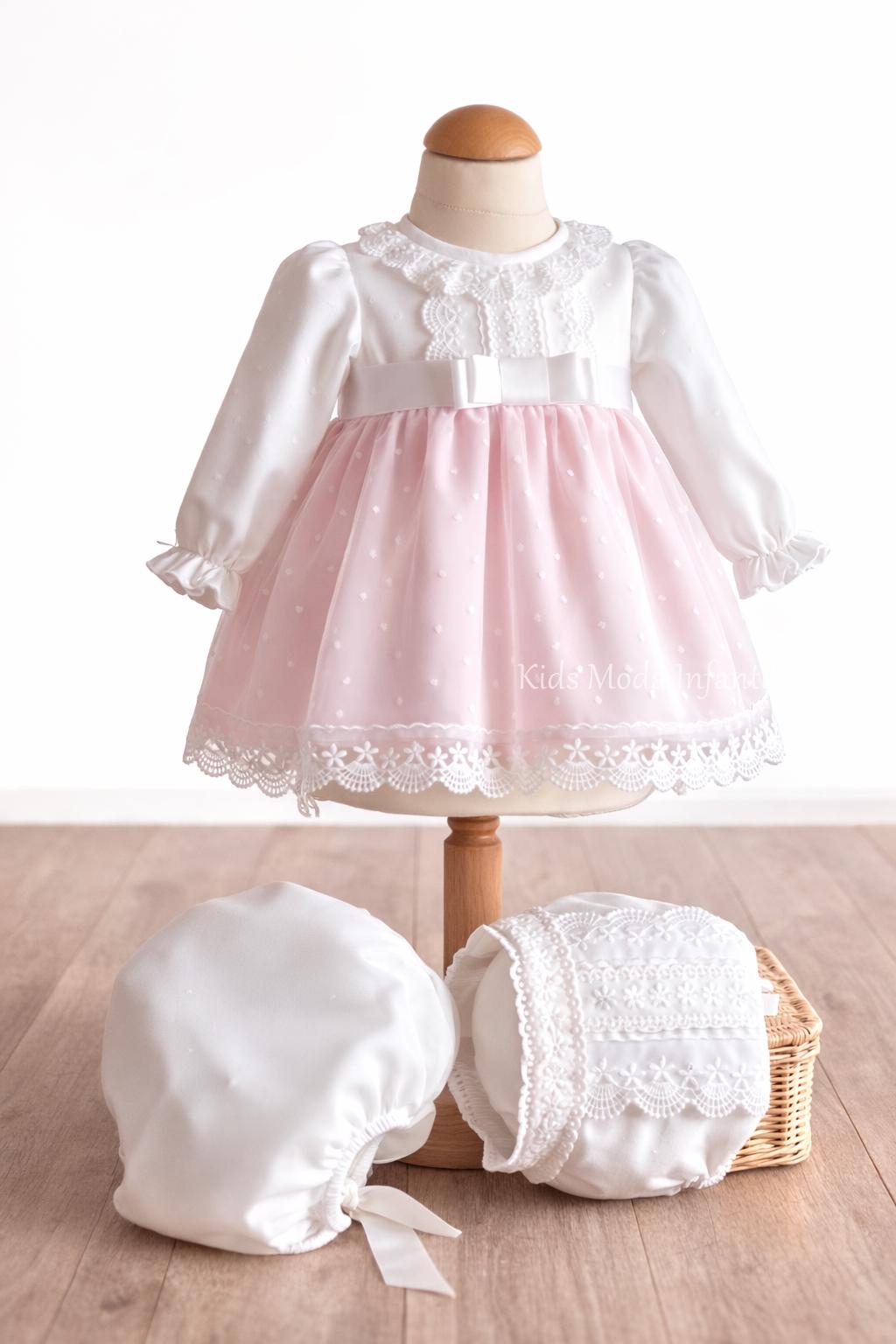 Jesusito de bautizo bebé en tul blanco y rosa manga larga con braguita – Familia 2