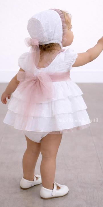 Jesusito bebé bautizo ceremonia blanco bordado con capota y braga tul rosa empolvado – DBB Collection | Kids Moda Infantil [1]