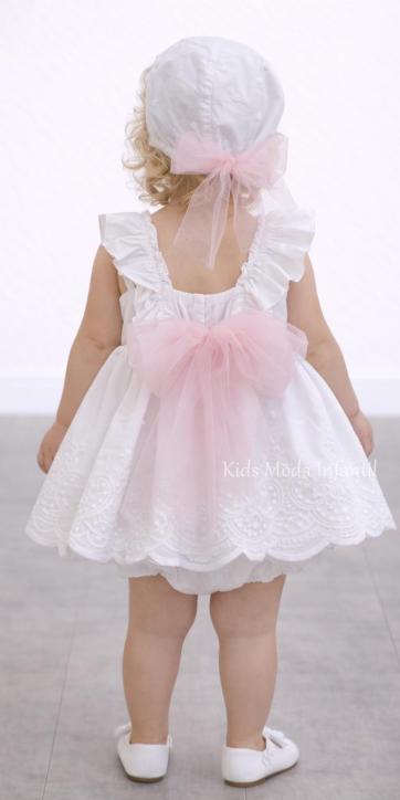 Jesusito bebé bautizo ceremonia y arras blanco bordado con lazo de tul rosa empolvado con capota y braga – DBB Collection | Kids Moda Infantil [1]