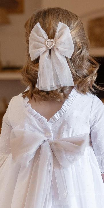 Vestido Ceremonia Niña Plumeti Blanco sin Mangas con Tul Camel – Familia 7 Eva Martínez Artesanía [5]