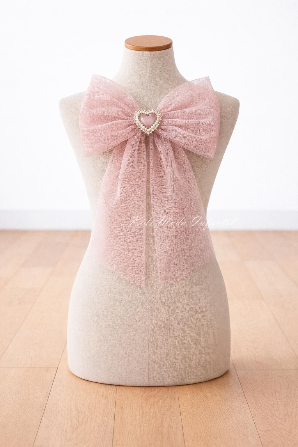 Lazo de Pelo Ceremonia Niña Tul Rosa Empolvado con Corazón Brillo | Arras y Eventos | Kids Moda Infantil