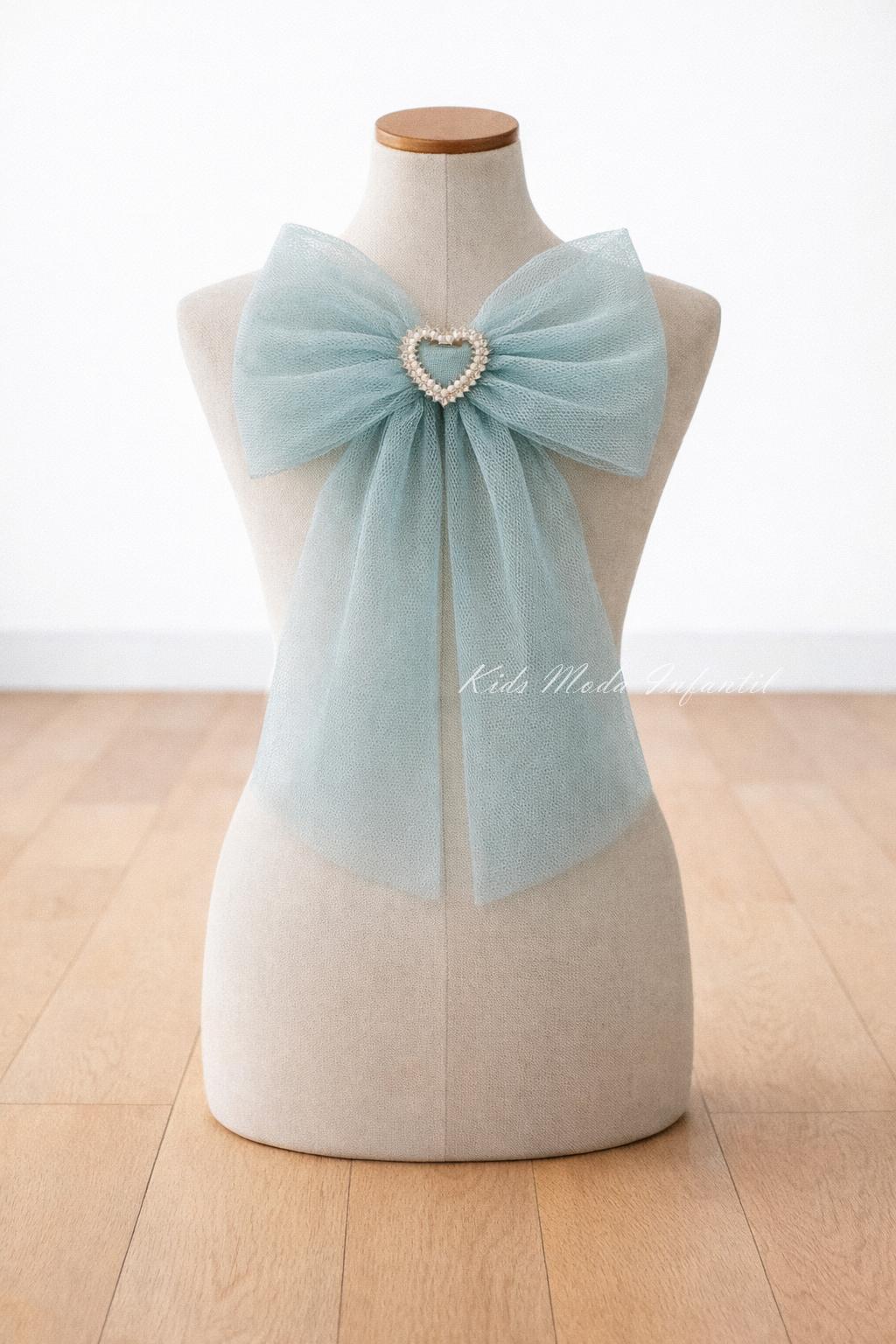 Lazo de Pelo Ceremonia Niña Tul Verde Agua con Corazón Brillo | Arras y Eventos | Kids Moda Infantil