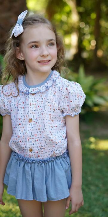 Conjunto niña vestir camisa estampada letras y culetín azul empolvado Marena Moda Infantil [1]