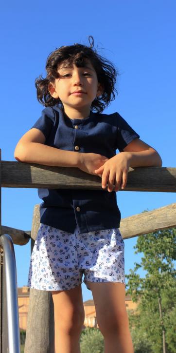 Conjunto niño camisa manga corta marino y short estampado vespas Marena Moda Infantil Colección Europa