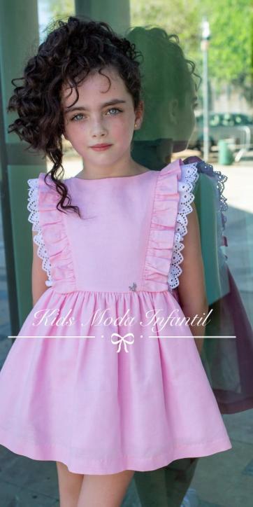 Vestido de niña lino rosa volantes laterales Nekenia [1]