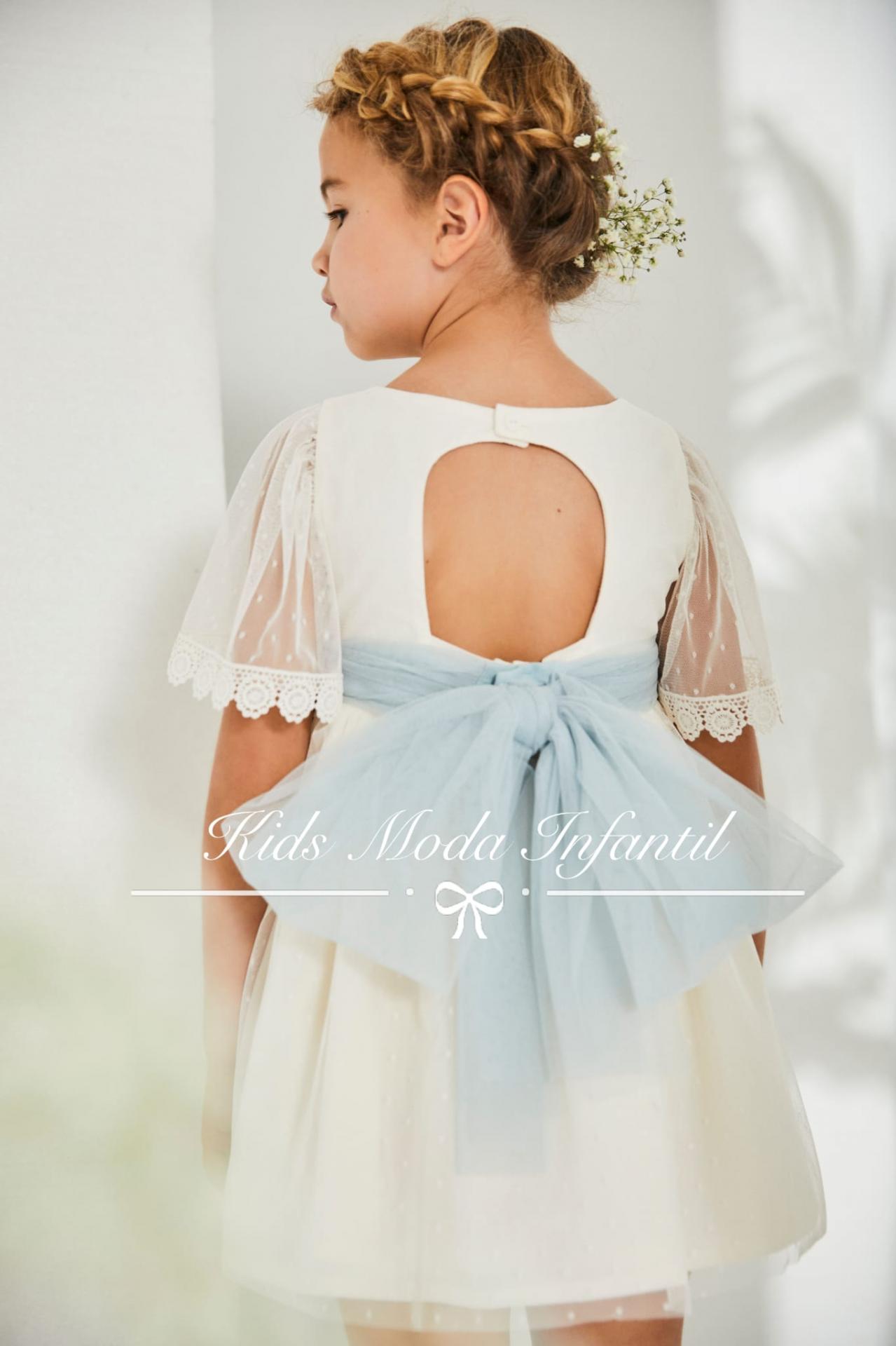 Vestido niña vestir ceremonia de tul plumeti y azul empolvado de Nekenia