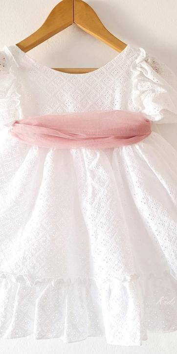 Vestido ceremonia niña blanco bordado con fajín tul rosa empolvado Nekenia 2521802 Personalizable [5]