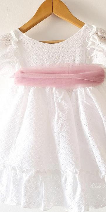 Vestido ceremonia niña blanco bordado con fajín tul rosa lila Nekenia 2521802 Personalizable [1]