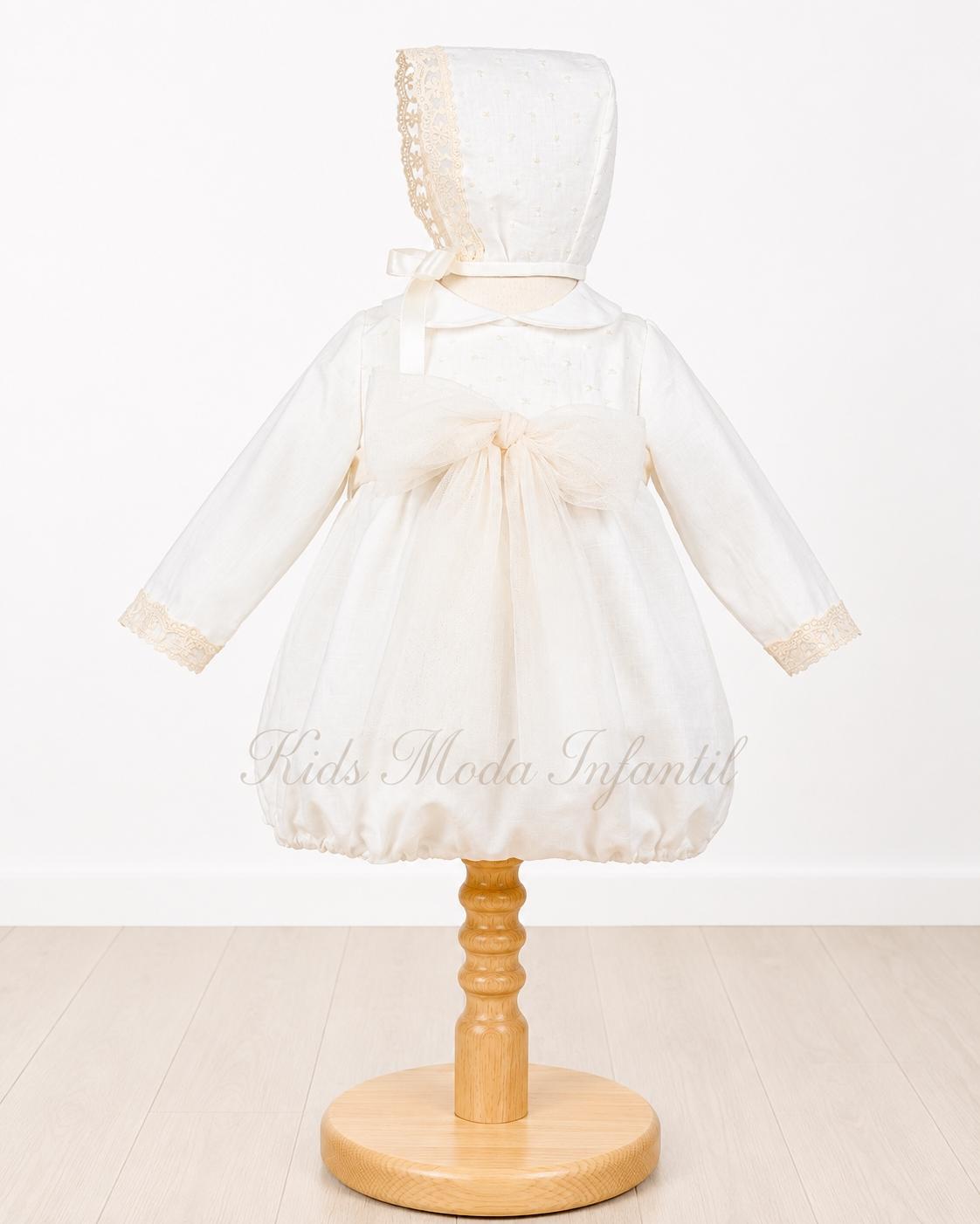 Pelele Bautizo Bebé de Lino Encanto Natural – Manga Larga con Capota y Lazo Beige