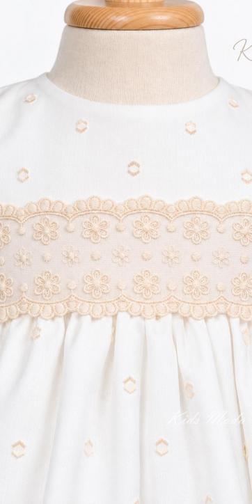 Pelele de Bautizo Bebé Jacquard de Topos con Capota y Blonda Beige – Manga Larga | Fabricación Española [1]