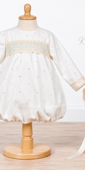 Pelele de Bautizo Bebé Jacquard de Topos con Blonda Verde, Capota y Manga Larga | Fabricación Española