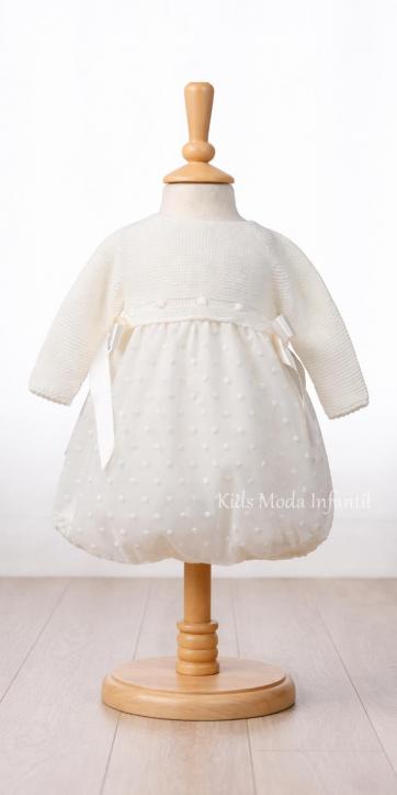 Pelele de Bautizo para Bebé en Tul Bordado con Cuerpo de Punto Beige – Fabricación Española