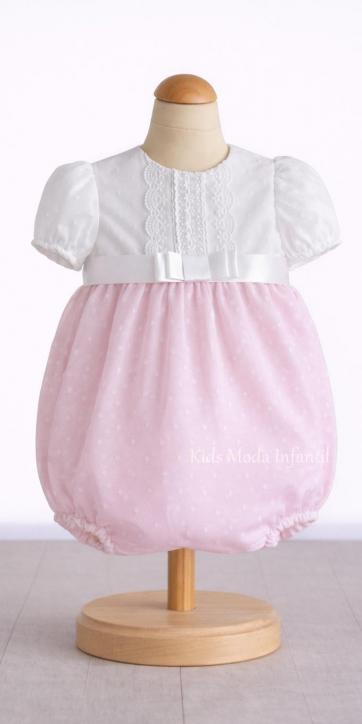 Pelele Bautizo Bebé Tul Blanco y Rosa Manga Corta con Lazo Blanco – Familia 2 [0]