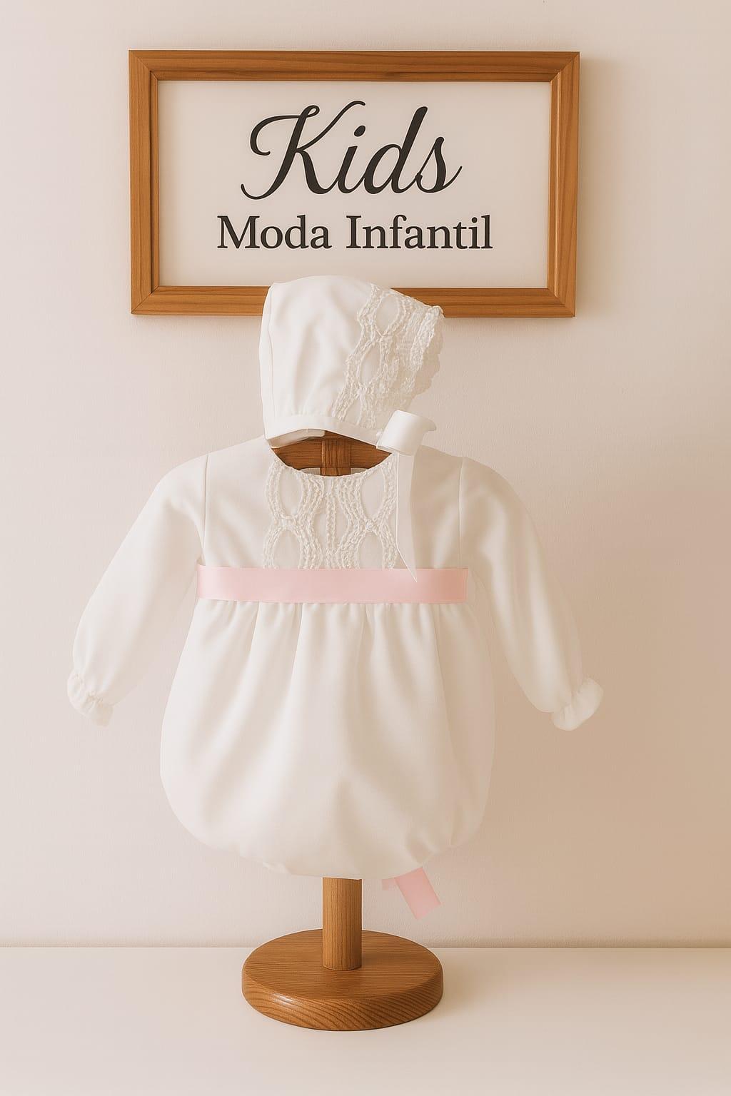 Pelele de Bautizo Blanco en Gasa con Cinta Rosa Bebé – Eva Martínez Artesanía familia 6