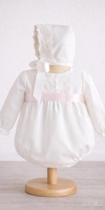 Pelele de Bautizo Blanco en Gasa con Cinta Rosa Bebé – Eva Martínez Artesanía familia 6