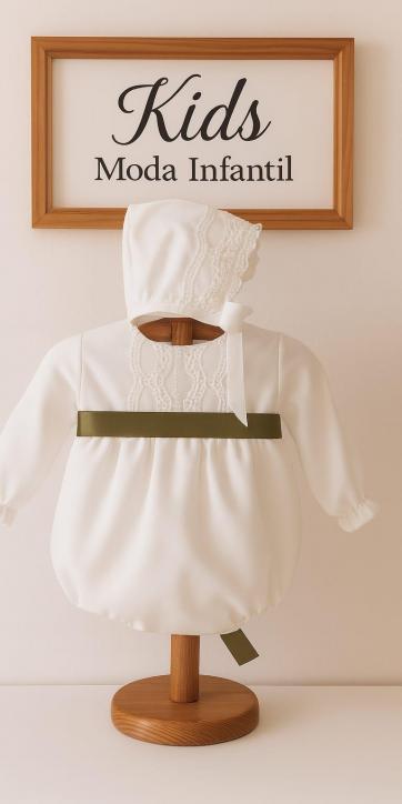Pelele de Bautizo Blanco en Gasa con Cinta Verde Oliva – Eva Martínez Artesanía familia 6 [0]