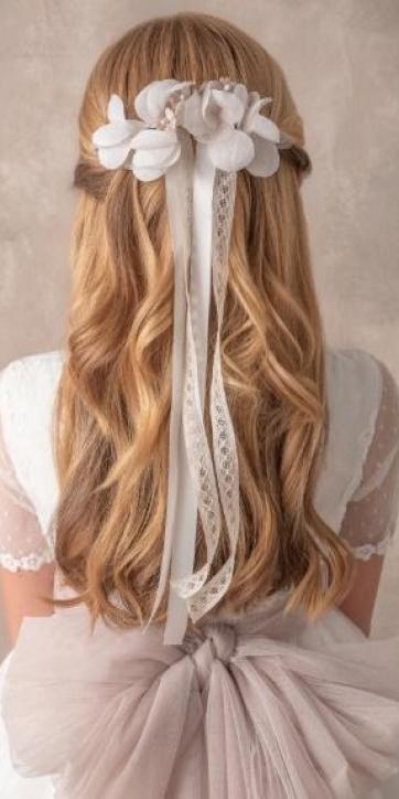 Vestido de Comunión Niña Nekenia 2621813 tul blanco roto con fajín camel y lazo trasero – Kids Moda Infantil [3]