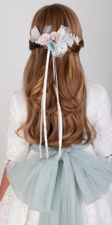 Vestido de Comunión Nekenia 2621814 Blanco con Fajín de Tul Verde Agua – Colección Comunión 2026 [5]