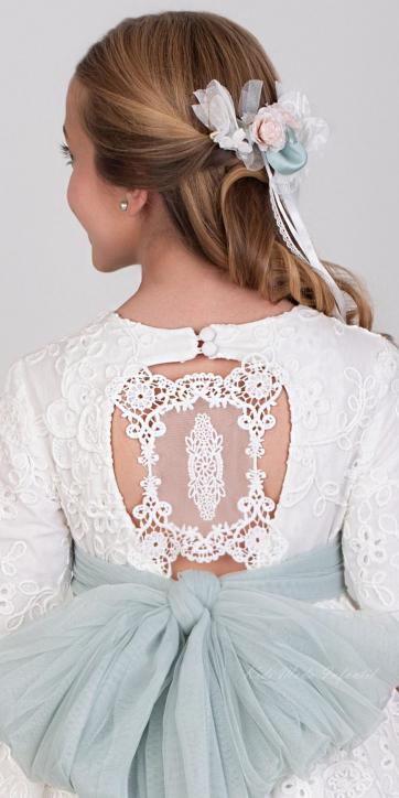 Vestido de Comunión Nekenia 2621814 Blanco con Fajín de Tul Verde Agua – Colección Comunión 2026 [4]