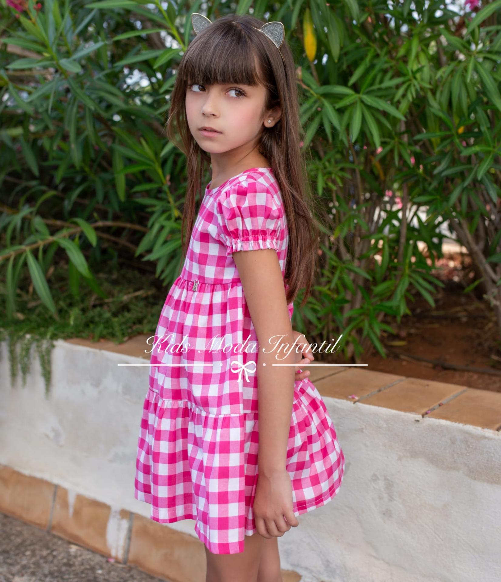 Vestido niña vichy rosa fucsia manga farol Vera Moda Infantil