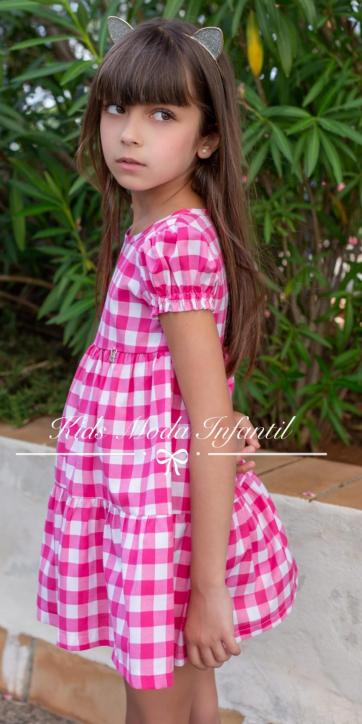Vestido niña vichy rosa fucsia manga farol Vera Moda Infantil
