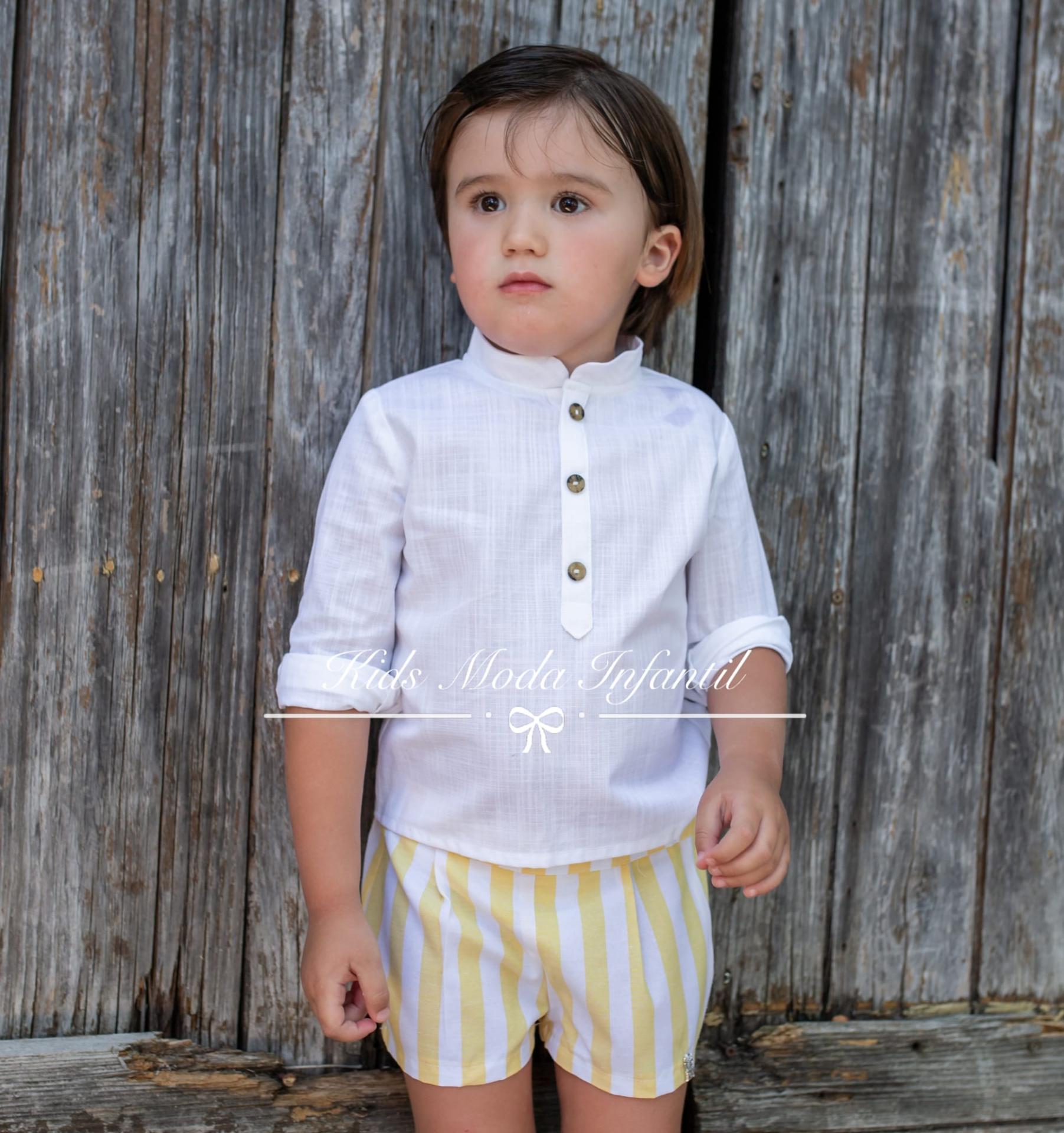 Faringe caminar granero Conjunto bebe camisa blanca manga larga y short de rayas amarillo y blanco  Vera Moda Infantil