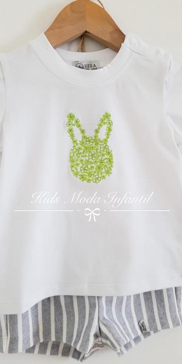 Conjunto bebe camiseta conejo y short rayas grises Vera Moda Infantil [1]