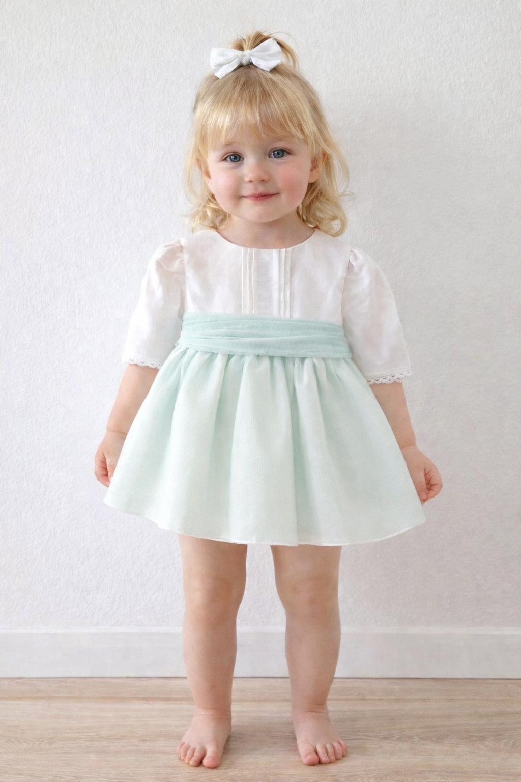 Vestido ceremonia bebe media manga de lino y tul verde agua Coco Acqua Ceremonia 60428