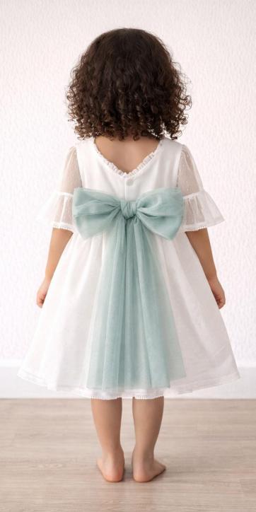 Vestido ceremonia bebe tul topo con fajín verde empolvado Coco Acqua Ceremonia 60443