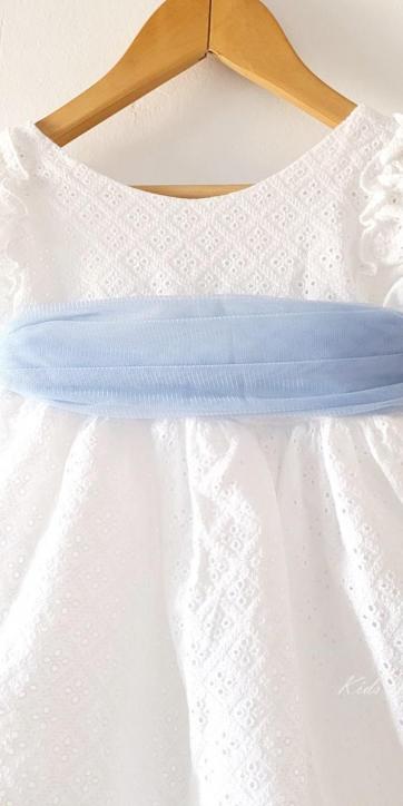 Vestido ceremonia niña blanco bordado con fajín tul azul celeste Nekenia 2521802 Personalizable [7]