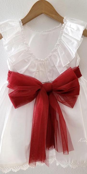 Vestido ceremonia niña blanco con fajín burdeos de Eva Martínez Artesanía 38312CBG [2]