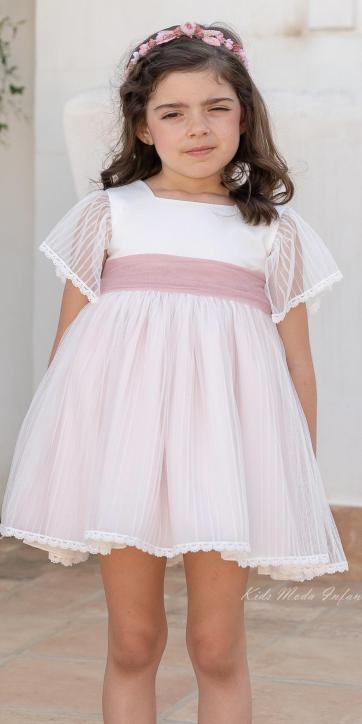 Vestido Ceremonia y Arras Niña Manga Corta de Tul Rosa Empolvado – Eva Martínez Artesanía Familia 6 [3]