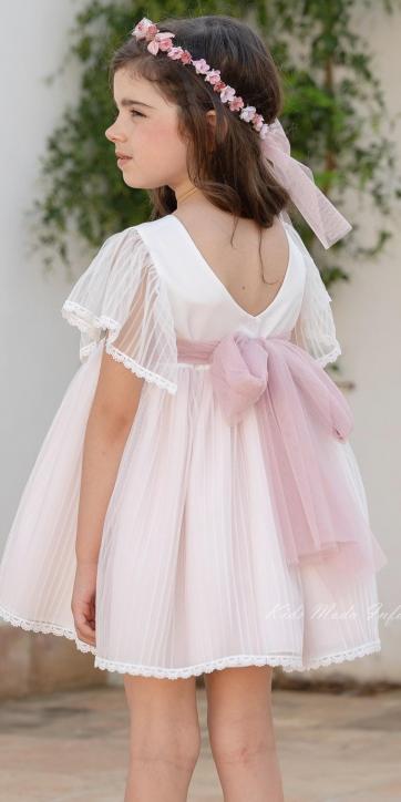 Vestido Ceremonia y Arras Niña Manga Corta de Tul Rosa Empolvado – Eva Martínez Artesanía Familia 6 [2]