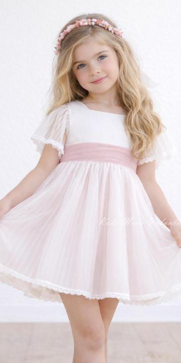 Vestido Ceremonia y Arras Niña Manga Corta de Tul Rosa Empolvado – Eva Martínez Artesanía Familia 6 [2]