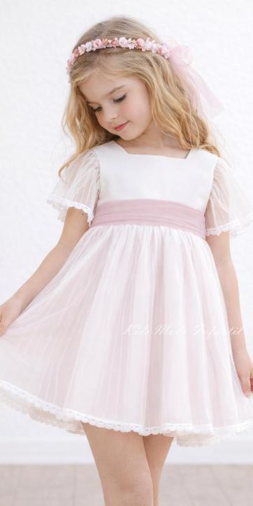 Vestido Ceremonia y Arras Niña Manga Corta de Tul Rosa Empolvado – Eva Martínez Artesanía Familia 6 [1]