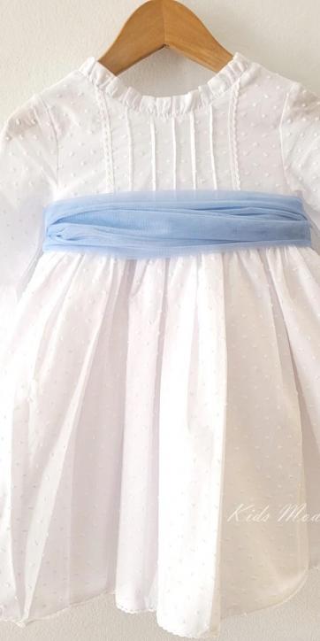 Vestido Ceremonia y Arras Niña Plumeti Blanco Tul Azul – Familia 7 Eva Martínez Artesanía [1]