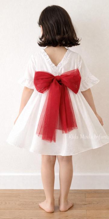 Vestido Ceremonia y Arras Niña Plumeti Blanco Tul Burdeos – Familia 7 | Eva Martínez Artesanía [3]