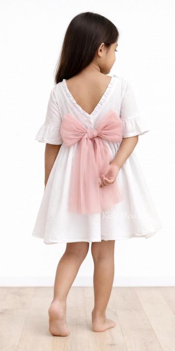 Vestido Ceremonia y Arras Niña Plumeti Blanco con Tul Rosa Empolvado – Familia 7 | Eva Martínez Artesanía