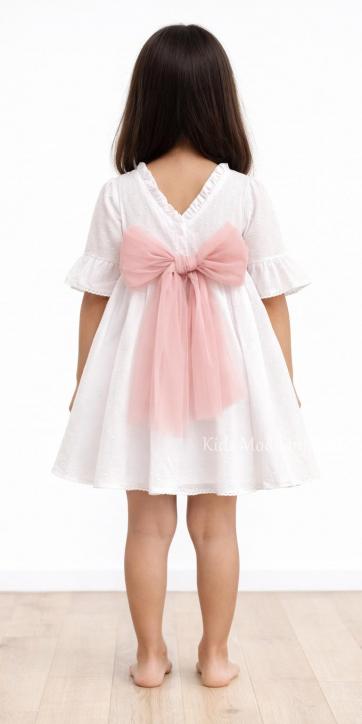 Vestido Ceremonia y Arras Niña Plumeti Blanco con Tul Rosa Empolvado – Familia 7 | Eva Martínez Artesanía [5]