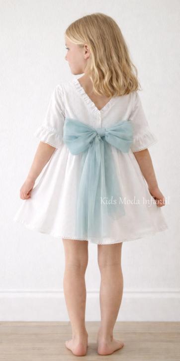 Vestido Ceremonia y Arras Niña Plumeti Blanco con Tul Verde Agua | Familia 7 – Eva Martínez Artesanía
