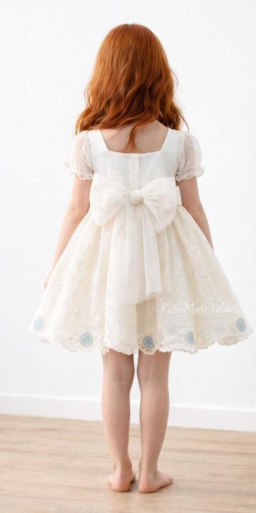 Vestido Ceremonia Arras para Niña en Tul Beige con Bordados Verde Agua – Kids Moda Infantil [4]