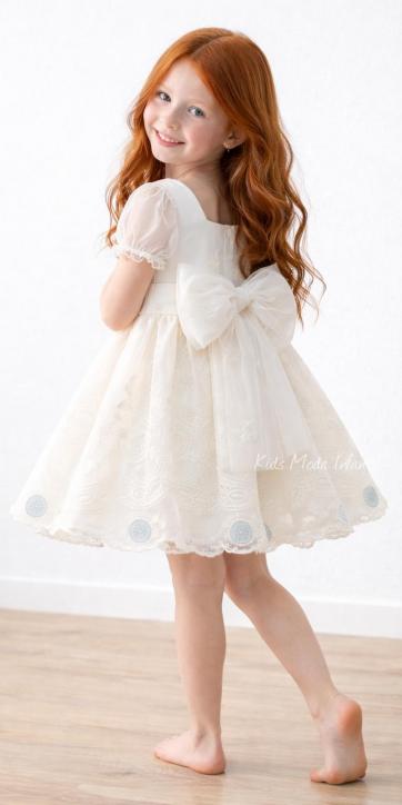 Vestido Ceremonia Arras para Niña en Tul Beige con Bordados Verde Agua – Kids Moda Infantil [2]