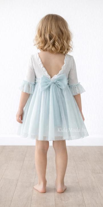 Vestido ceremonia niña manga francesa blanco roto y tul verde agua Basmarti | Kids Moda Infantil [2]