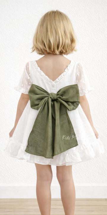 Vestido arras niña plumeti cristal con fajín lino verde oliva Eva Martinez Artesanía 32111 [2]