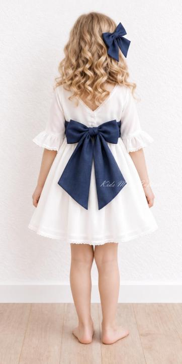 Vestido arras niña blanco con fajín azul marino Eva Martínez Artesanía [4]