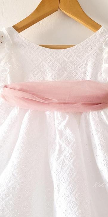 Vestido ceremonia niña blanco bordado con fajín tul rosa empolvado Nekenia 2521802 Personalizable [7]
