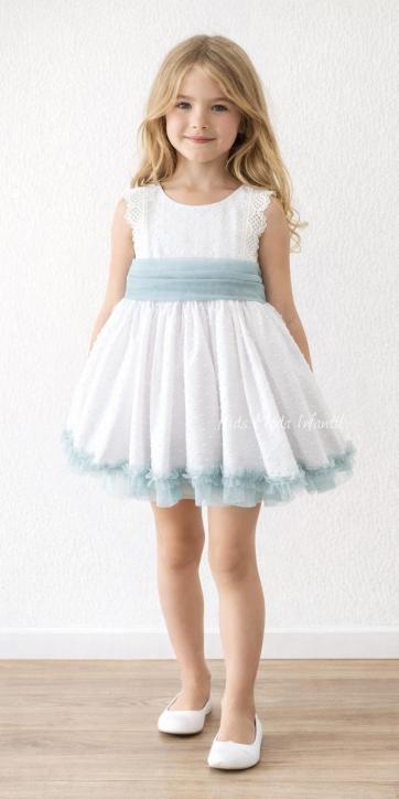 Vestido ceremonia niña de plumeti blanco con fajín tul verde agua Eva Martínez Artesanía