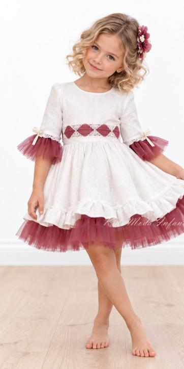 Vestido Ceremonia y Arras Niña Blanco con Fajín de Tul Burdeos – Nekenia 2621831 [1]