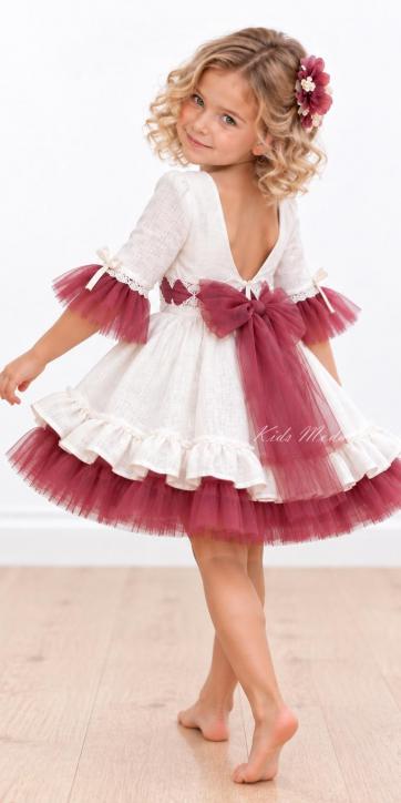 Vestido Ceremonia y Arras Niña Blanco con Fajín de Tul Burdeos – Nekenia 2621831 [0]