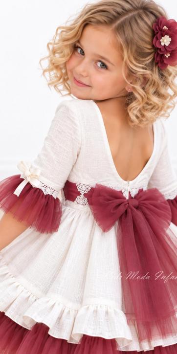 Vestido Ceremonia y Arras Niña Blanco con Fajín de Tul Burdeos – Nekenia 2621831 [2]